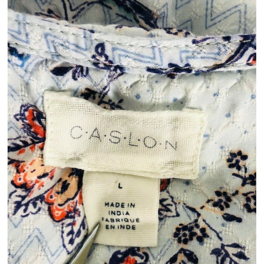 Carlson Womens Blouse Size L Light Blue Tiny Flowers Ruffled Hem Crochet - Picture 6 of 11